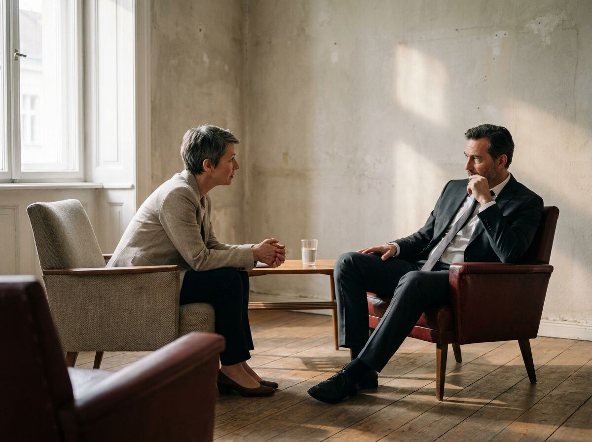 Two senior professionals seated in armchairs, one listening closely while the other speaks