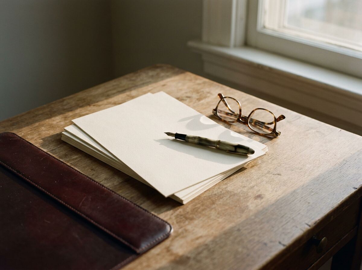 A desk still life with a stack of blank cream paper, a fountain pen and folded reading glasses