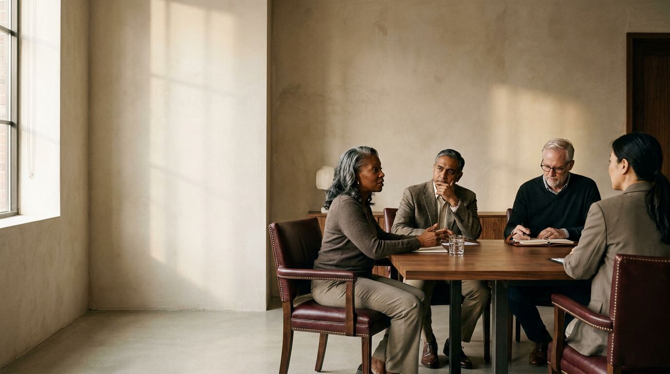Four senior executives in discussion around a long table in warm morning light