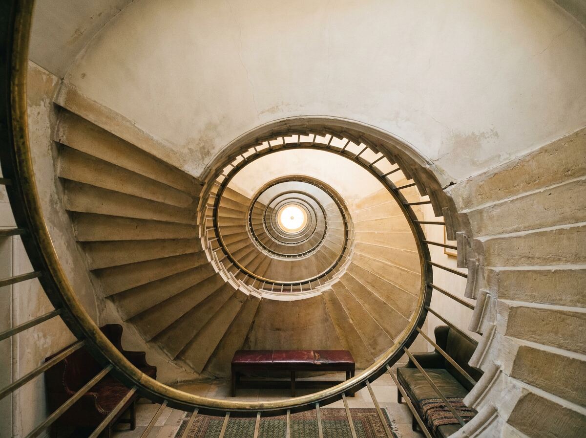 Looking up a spiral stone staircase with a worn brass handrail and daylight falling from above
