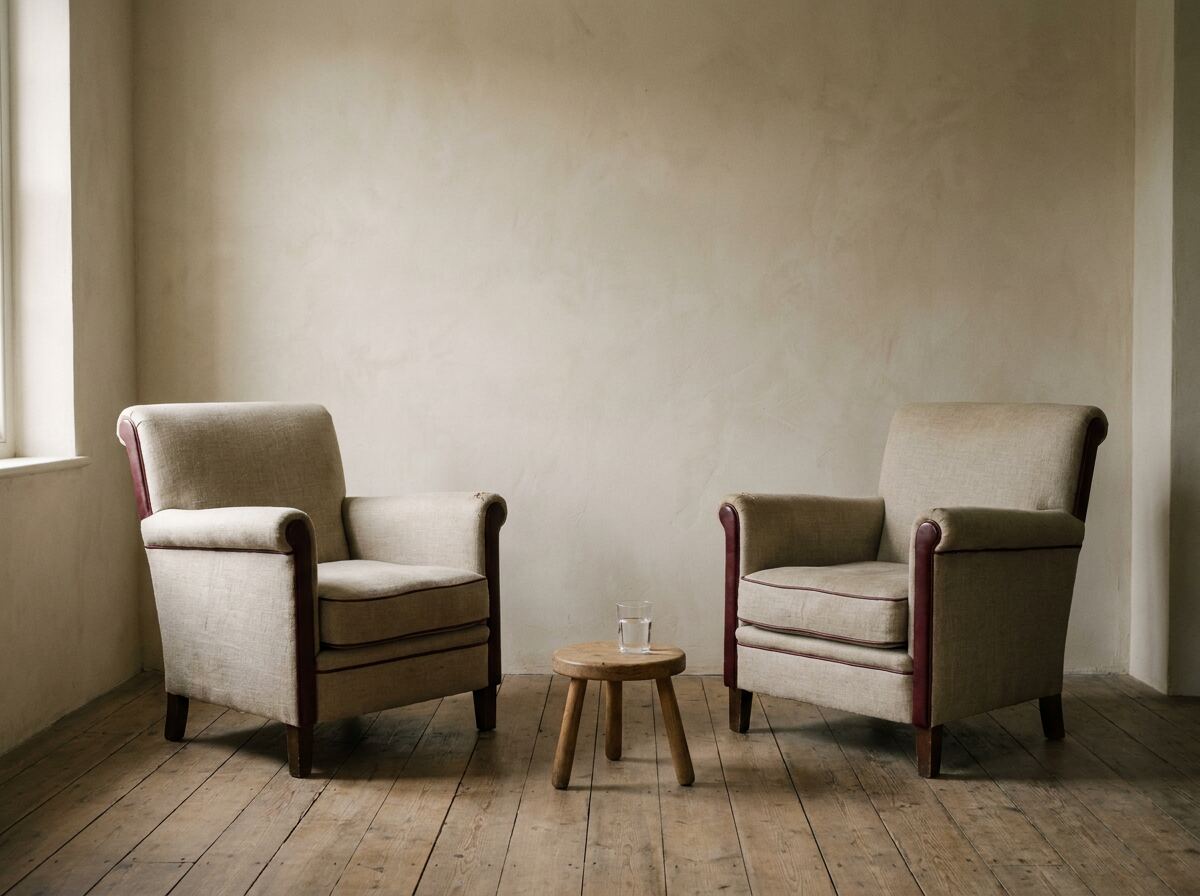 Two armchairs facing each other in a quiet room, with a glass of water on a low stool between them