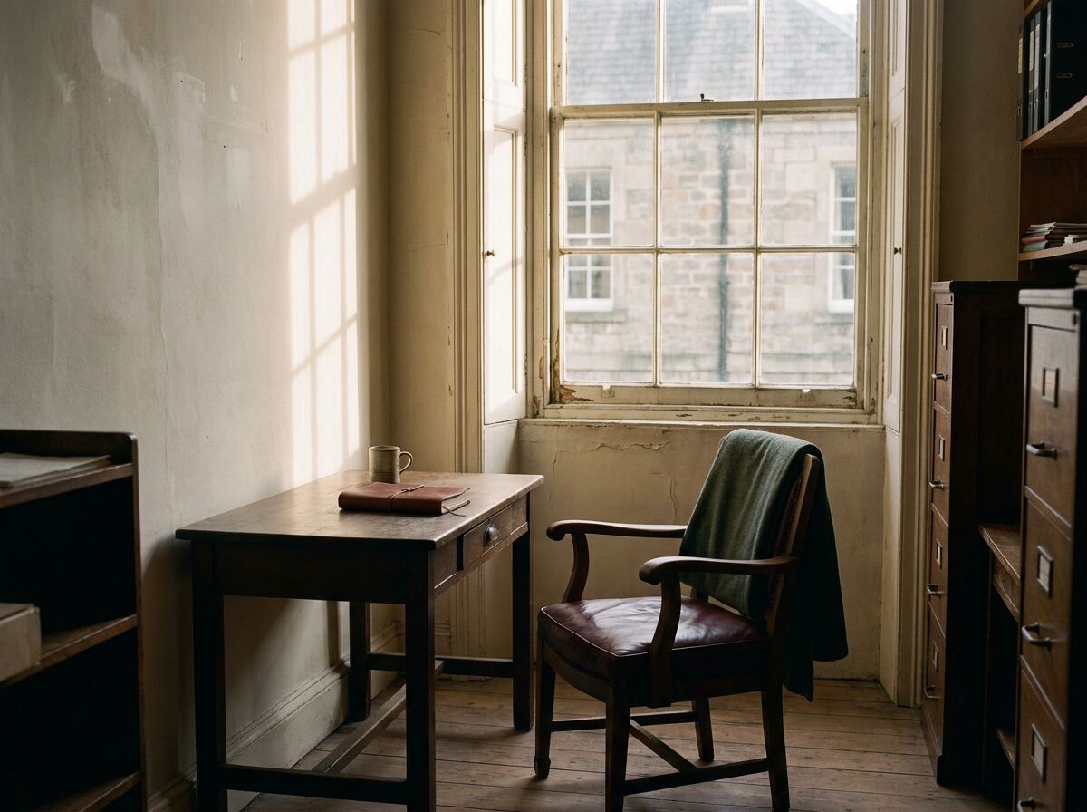 A plain wooden desk against a tall sash window with an empty chair turned slightly away, in late sun