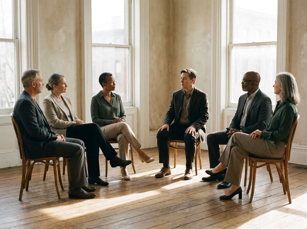 A small group of senior professionals seated in a horseshoe during a leadership workshop